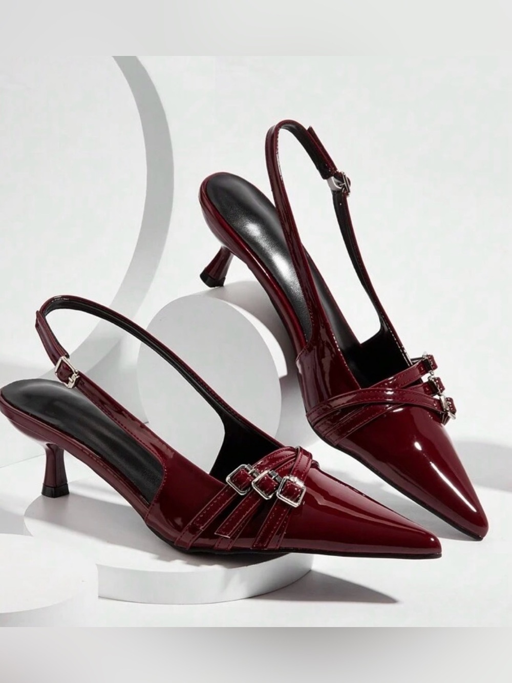 Women's Burgundy Patent Slingback Kitten Heel Pumps